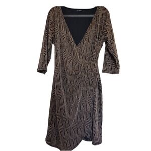 Zenobia Dress Woman's 2X Brown Metallic Knee Length V Neck 3/4 Sleeves Ruched